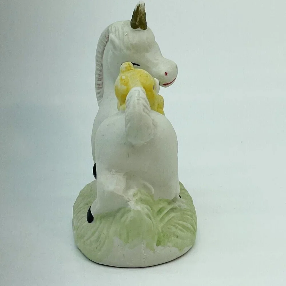 Whimsical Vintage Porcelain Figurine Yellow Teddy Bear Riding White Unicorn